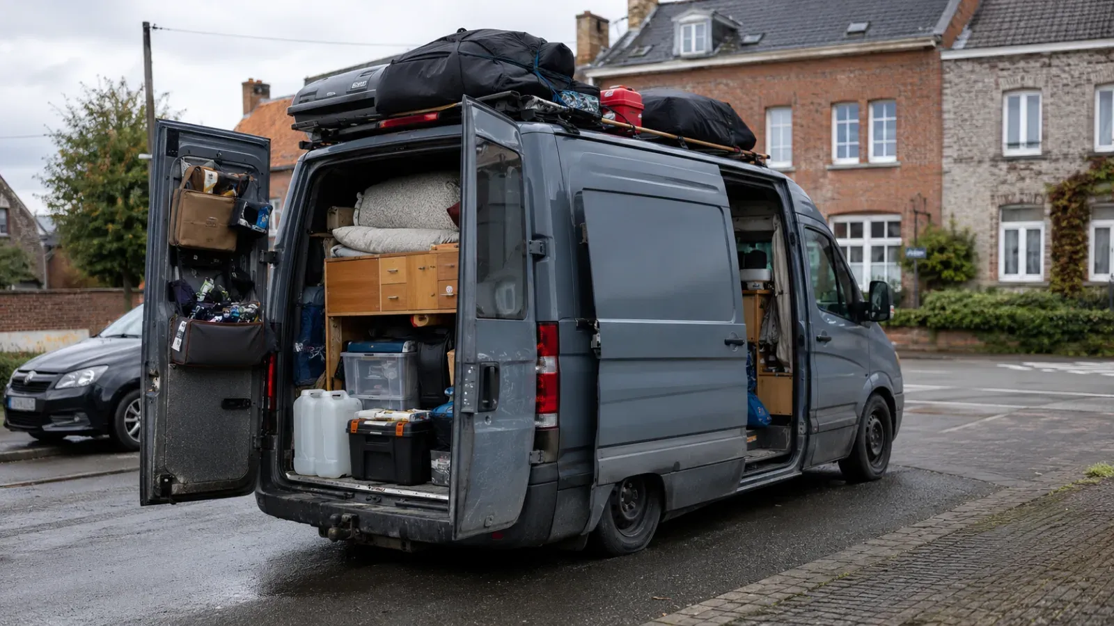 Volgeladen grijs busje met open deuren en bagage op het dak, geparkeerd op straat.