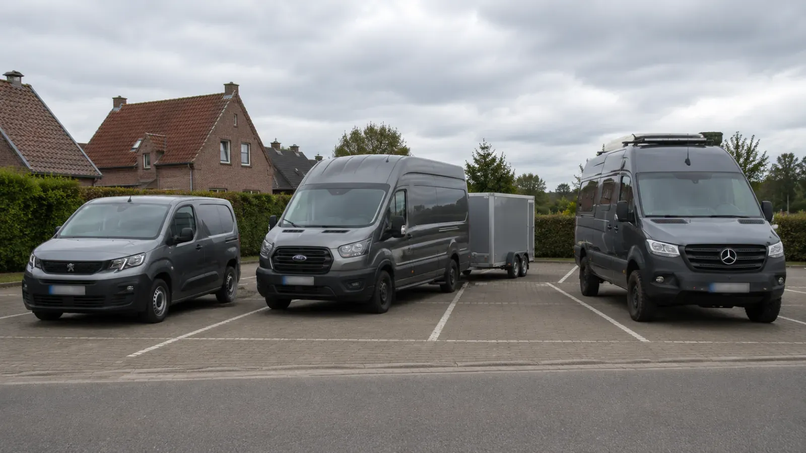Drie grijze vans geparkeerd, één met aanhangwagen, op een parkeerplaats.