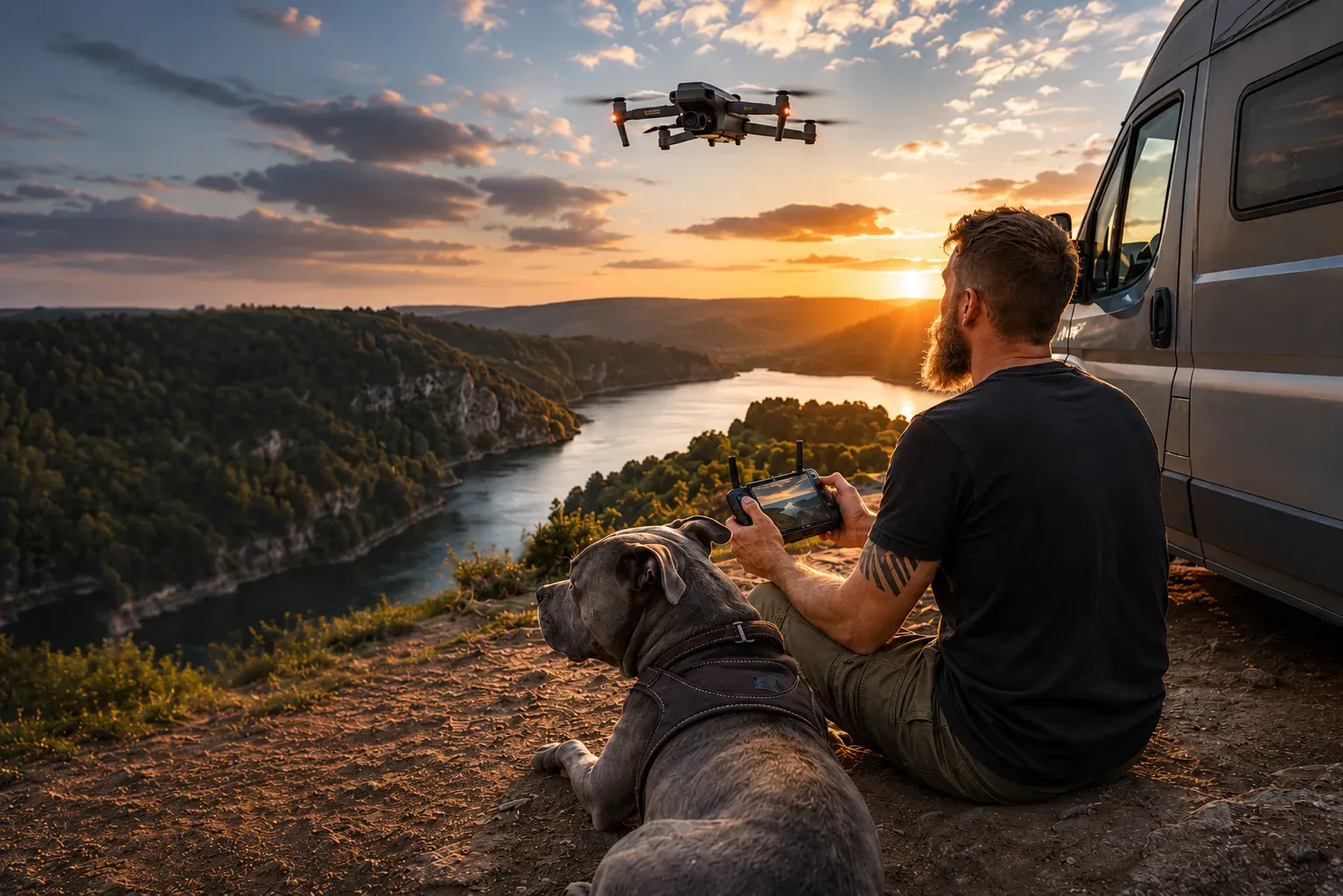 Man bedient drone naast van met hond bij zonsondergang boven rivier.