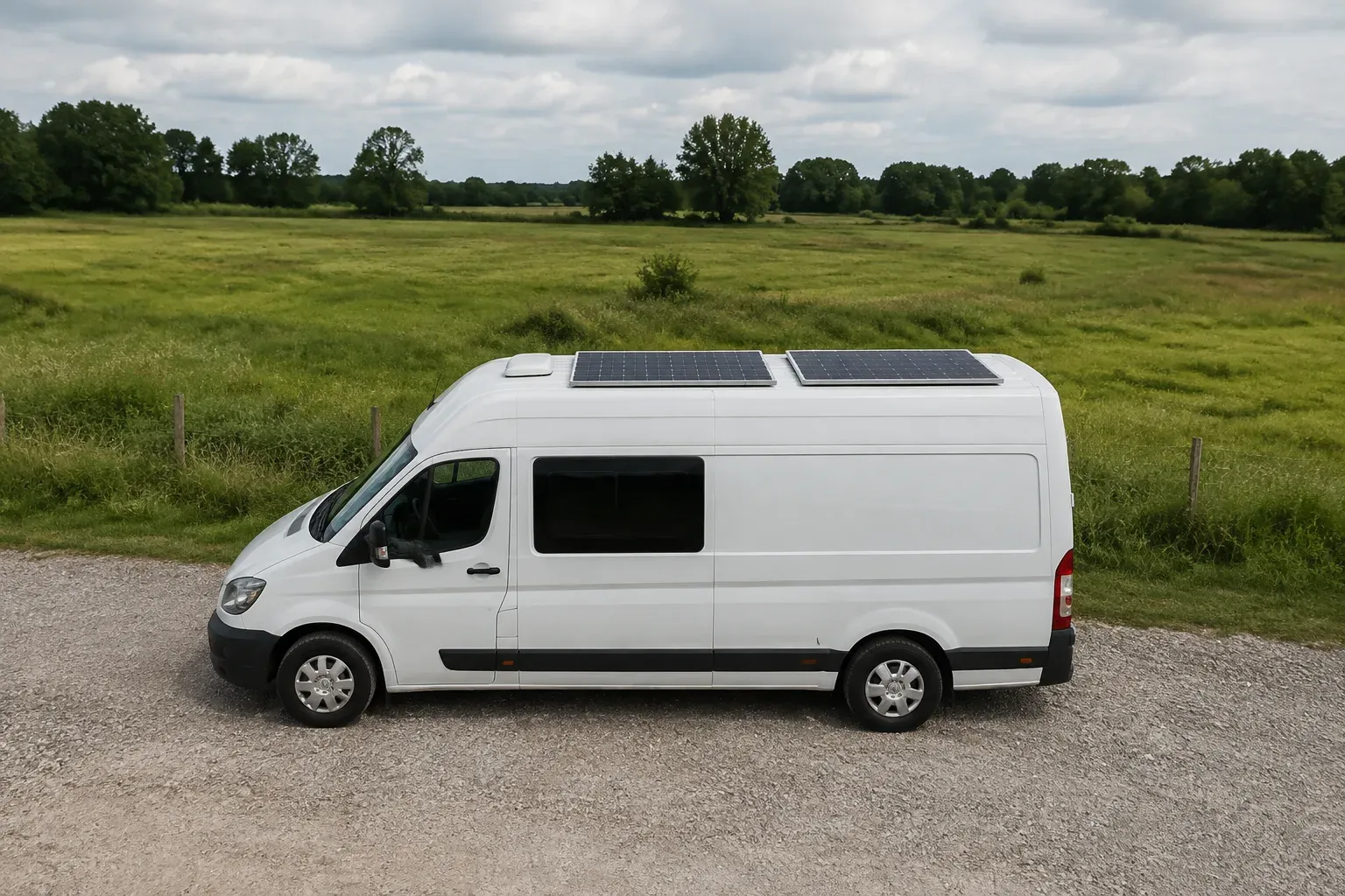 Witte van met twee zonnepanelen op het dak naast een groen veld in België