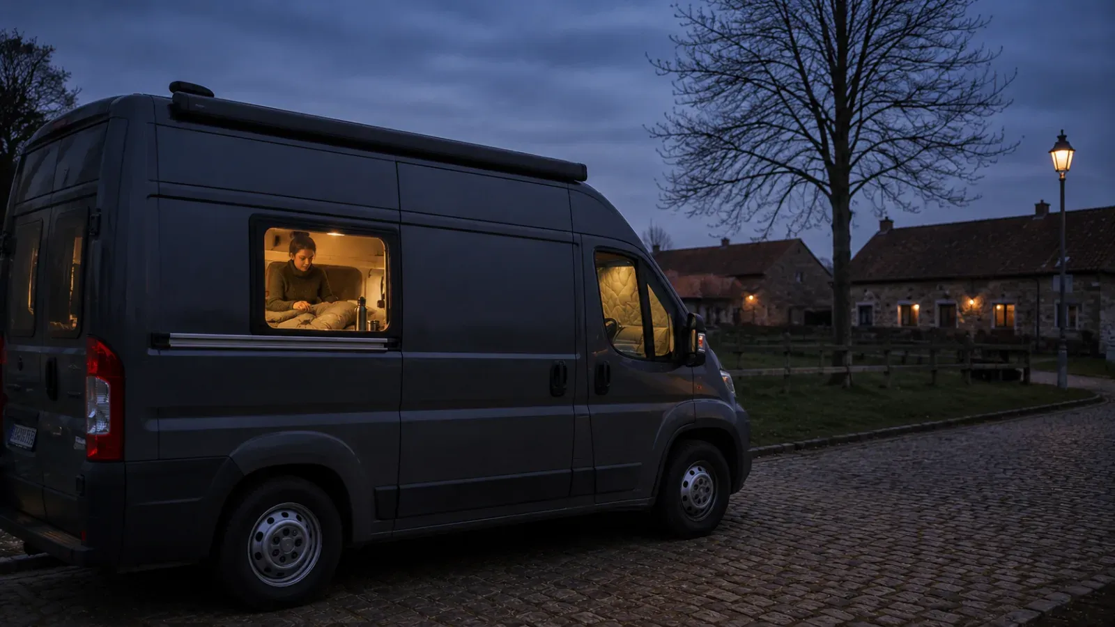 Donkere van met persoon in verlicht interieur, geparkeerd op kasseienweg bij gebouwen in de schemering.