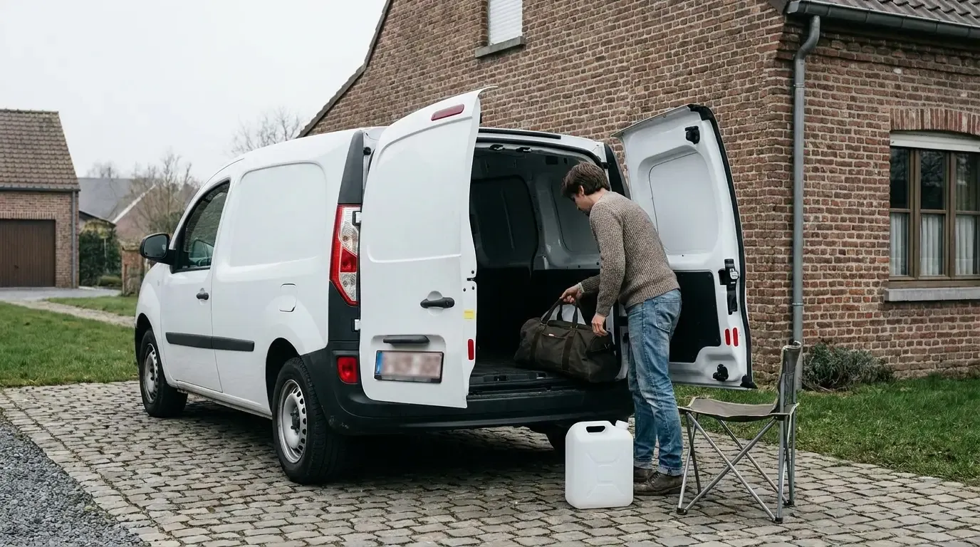 Man loads luggage into a white van beside a house, with a jerry can and folding chair on the driveway