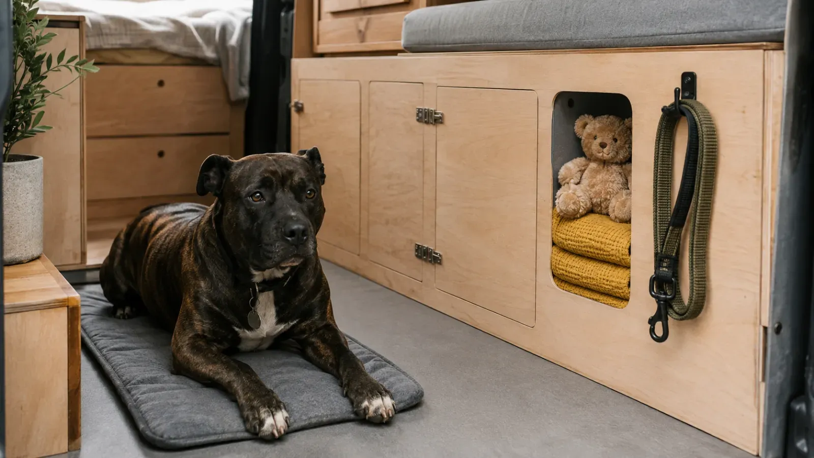 Zwarte hond op kussen in een busje met opbergkast, knuffel en opgerolde dekens