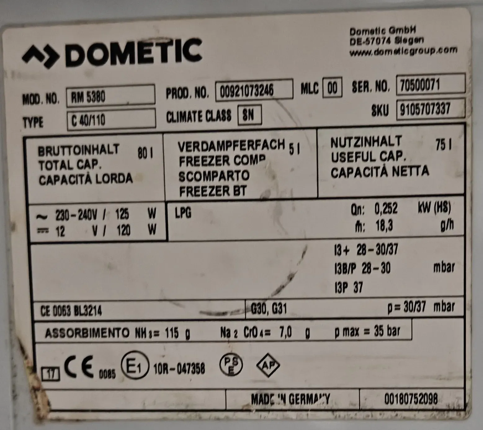 Dometic koelkast 220V-12V- Gas