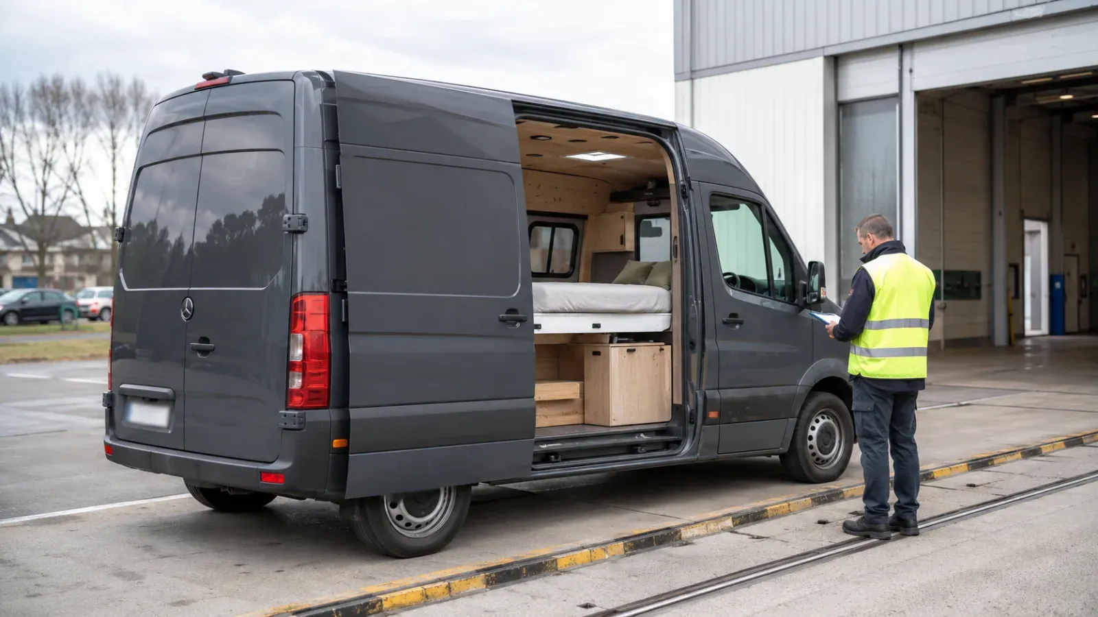 Ombouwde donkergrijze van met open zijdeur toont bed en opbergruimte, man in hesje inspecteert.