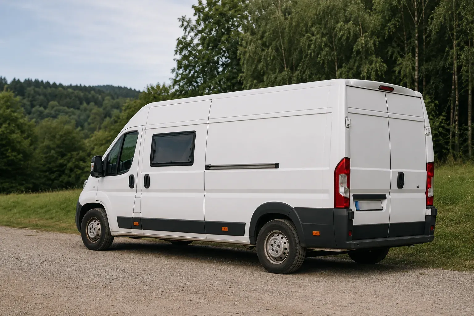Wit busje geparkeerd op een grindweg naast een bos