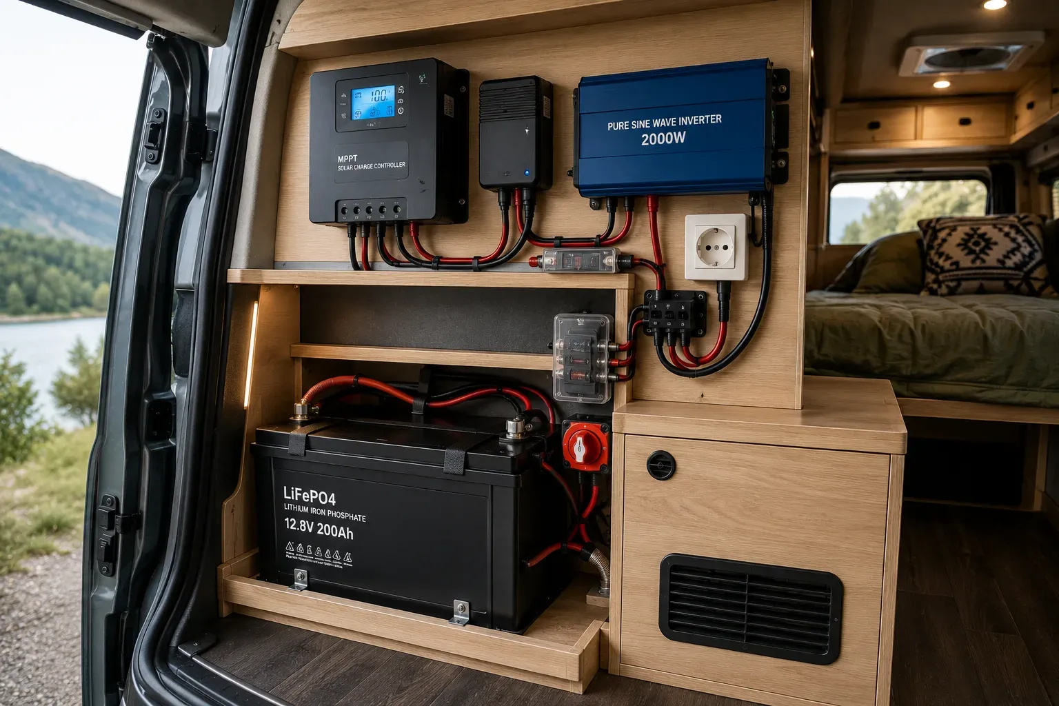 Elektrische installatie in een van met zonnepaneelregelaar, omvormer en LiFePO4 batterij.