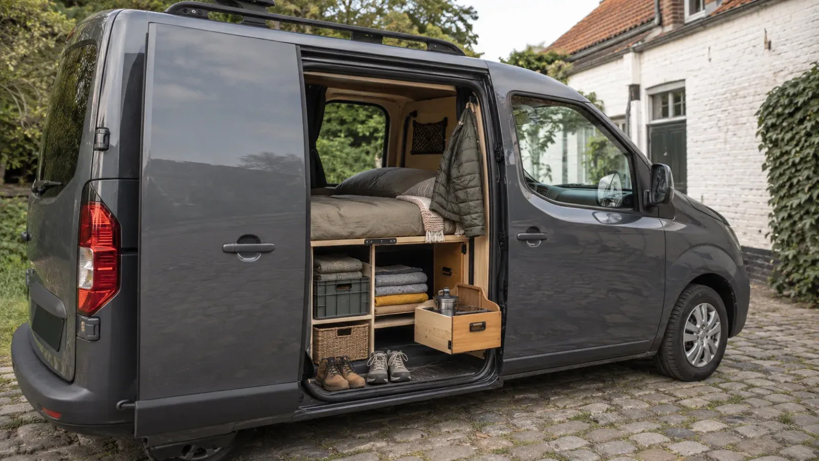 Donkergrijze van met open zijdeur, interieur met bed en georganiseerde opbergruimte.