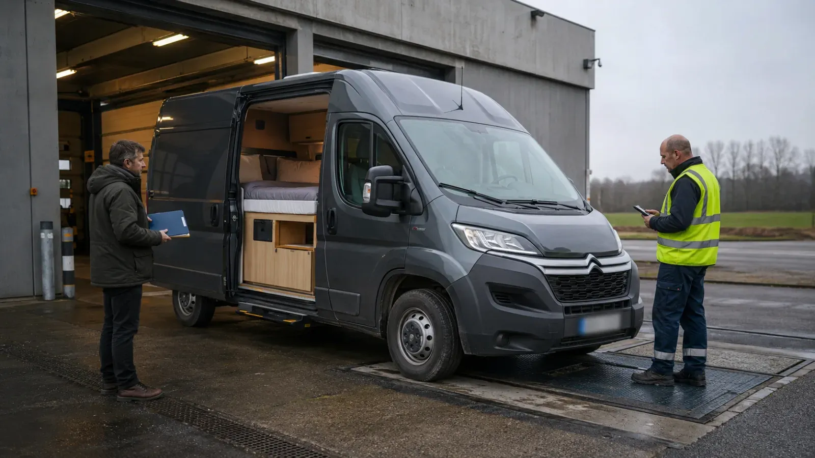 Grijze van op weegschaal voor keuring na ombouw, met zichtbaar interieur. Twee mannen inspecteren de van.