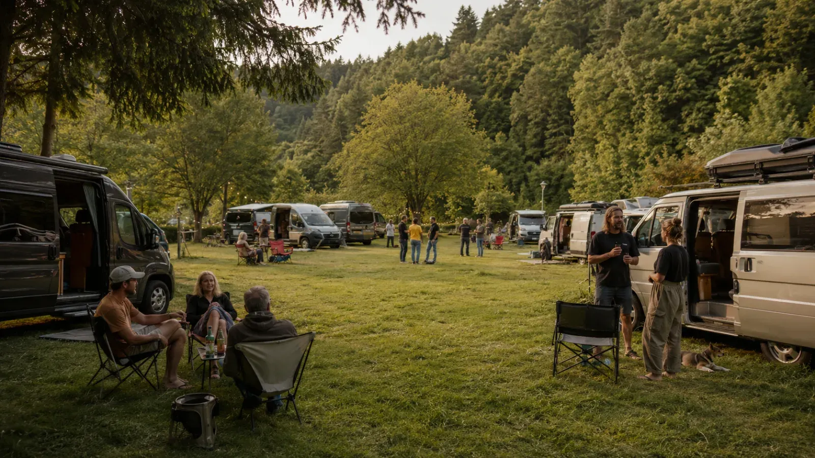 Mensen en busjes op een grasveld omringd door bos, tijdens een vanlife bijeenkomst.