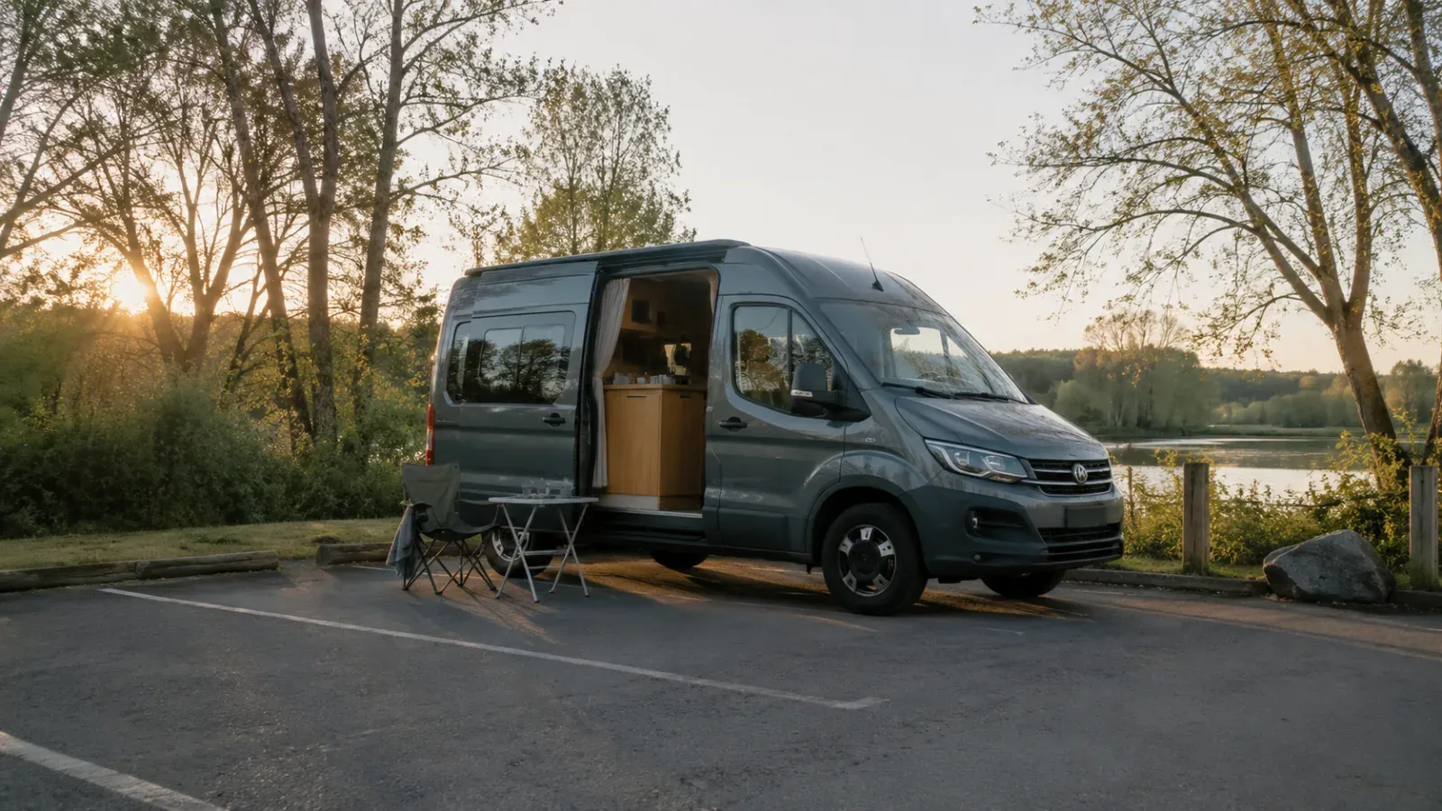 Donkergrijs busje geparkeerd op een parkeerplaats met open zijdeur en tafeltje, bij zonsondergang aan een meer.