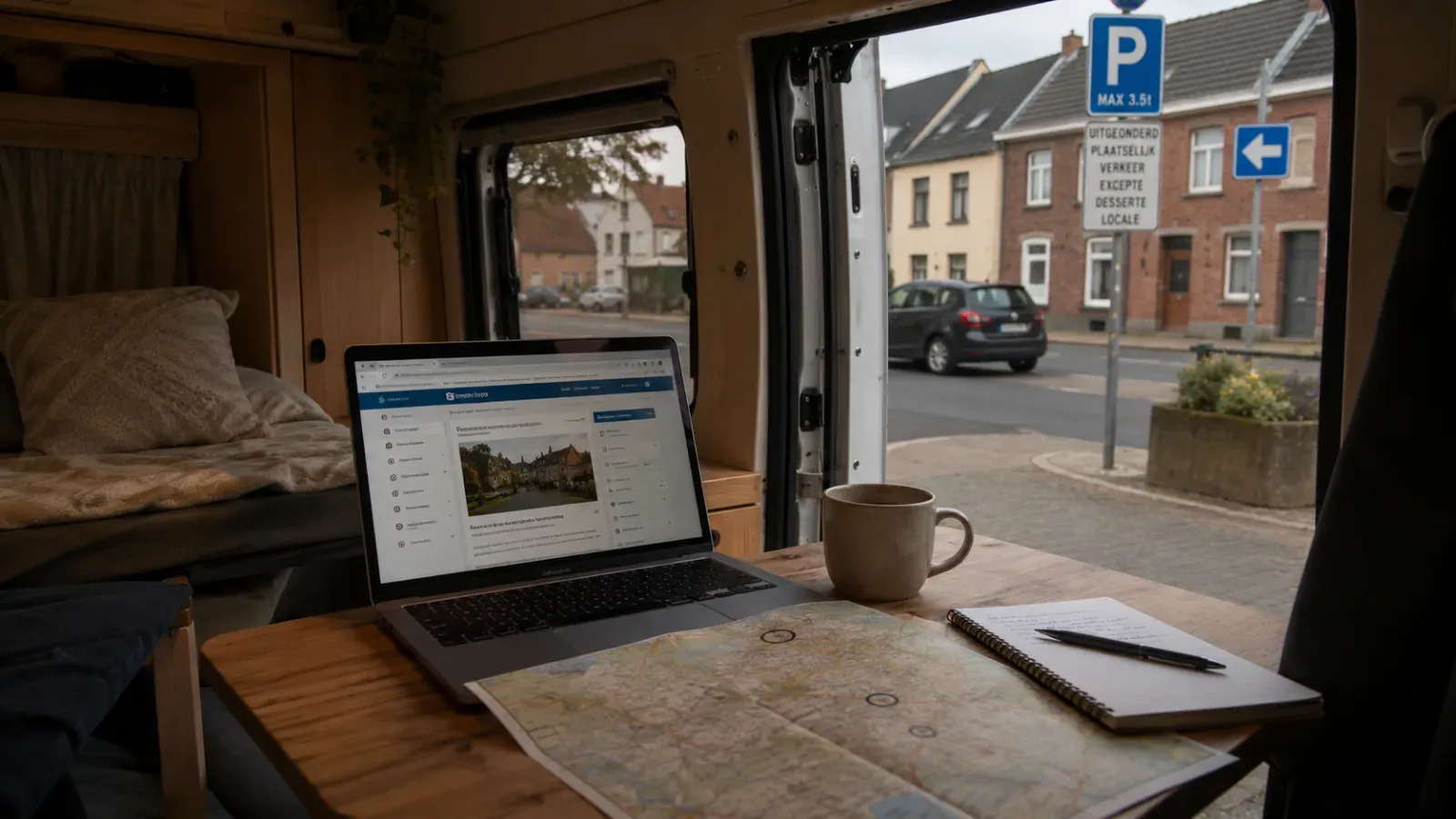 Van interieur met laptop, kaart en uitzicht op straat met gemeentelijke parkeerborden en huizen.