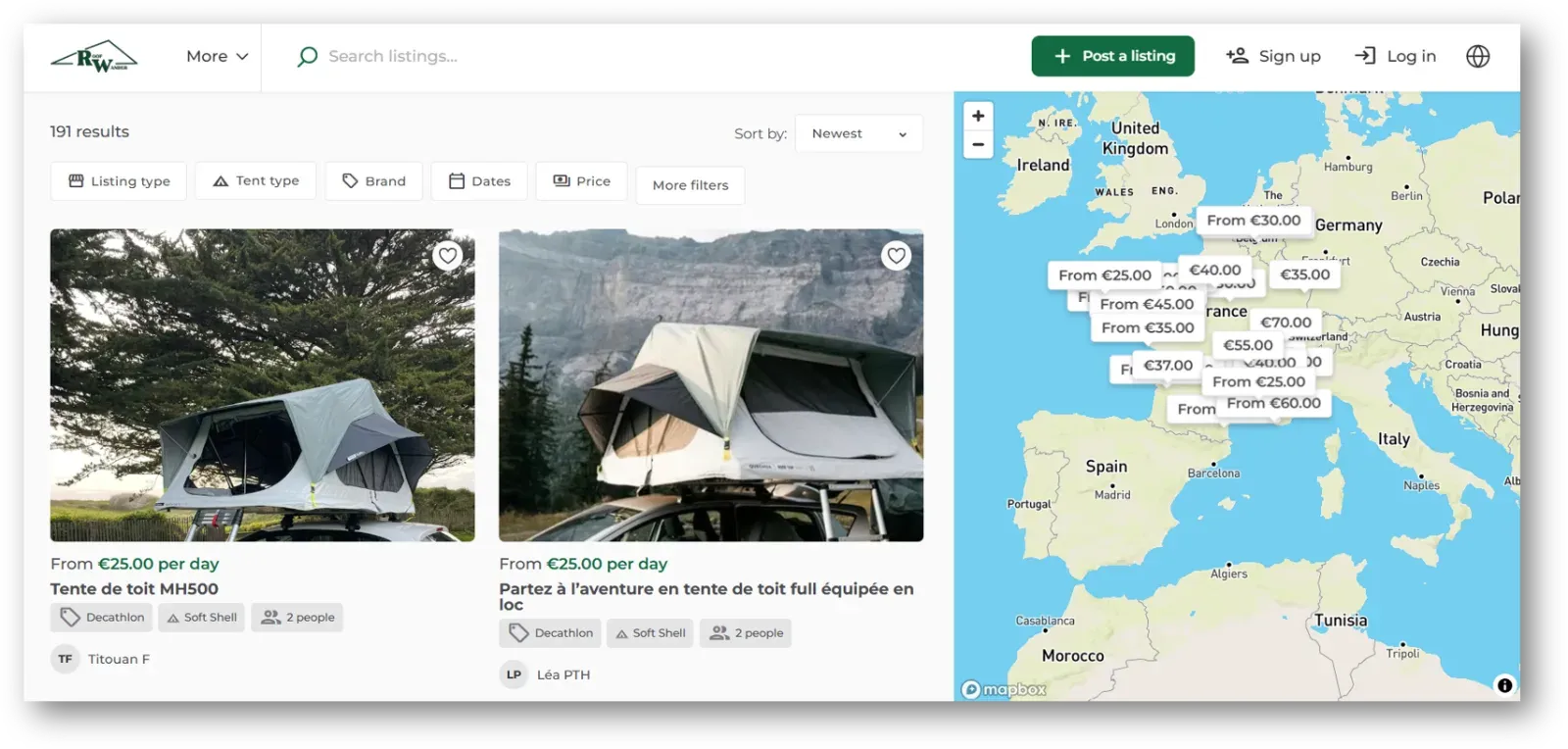 Roofwander-website met daktentbusjes en een kaart met verhuurlocaties in Europa
