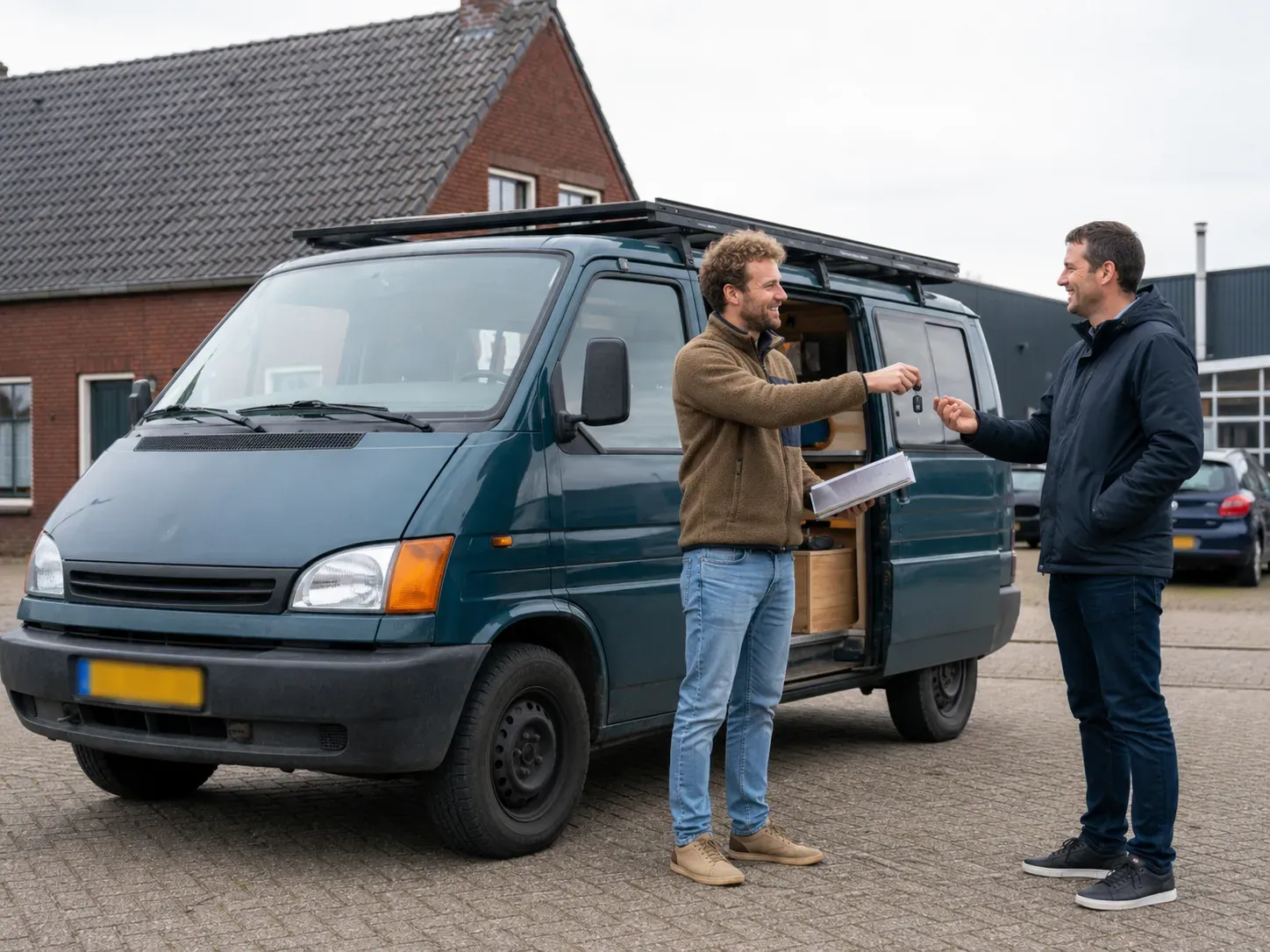 Twee mannen wisselen sleutels uit bij een donkergroene van met open zijdeur.