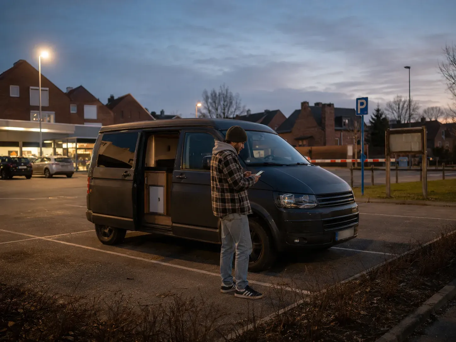 Man met telefoon naast omgebouwd busje met open deur op parkeerplaats in de avond.