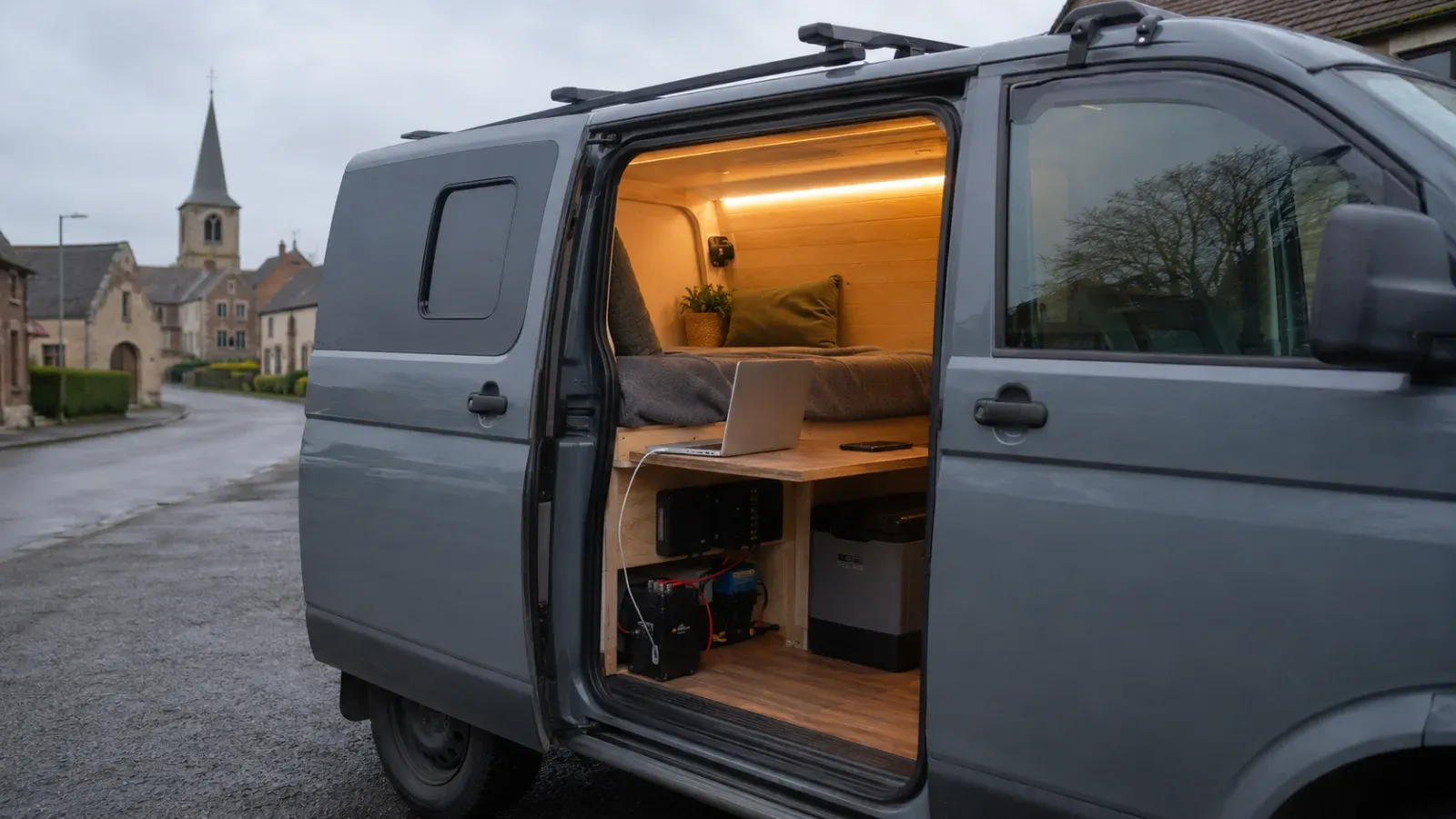 Grijs busje met open zijdeur. Binnenin een werkplek met laptop, bed en sfeervolle verlichting. Dorpsstraat buiten.