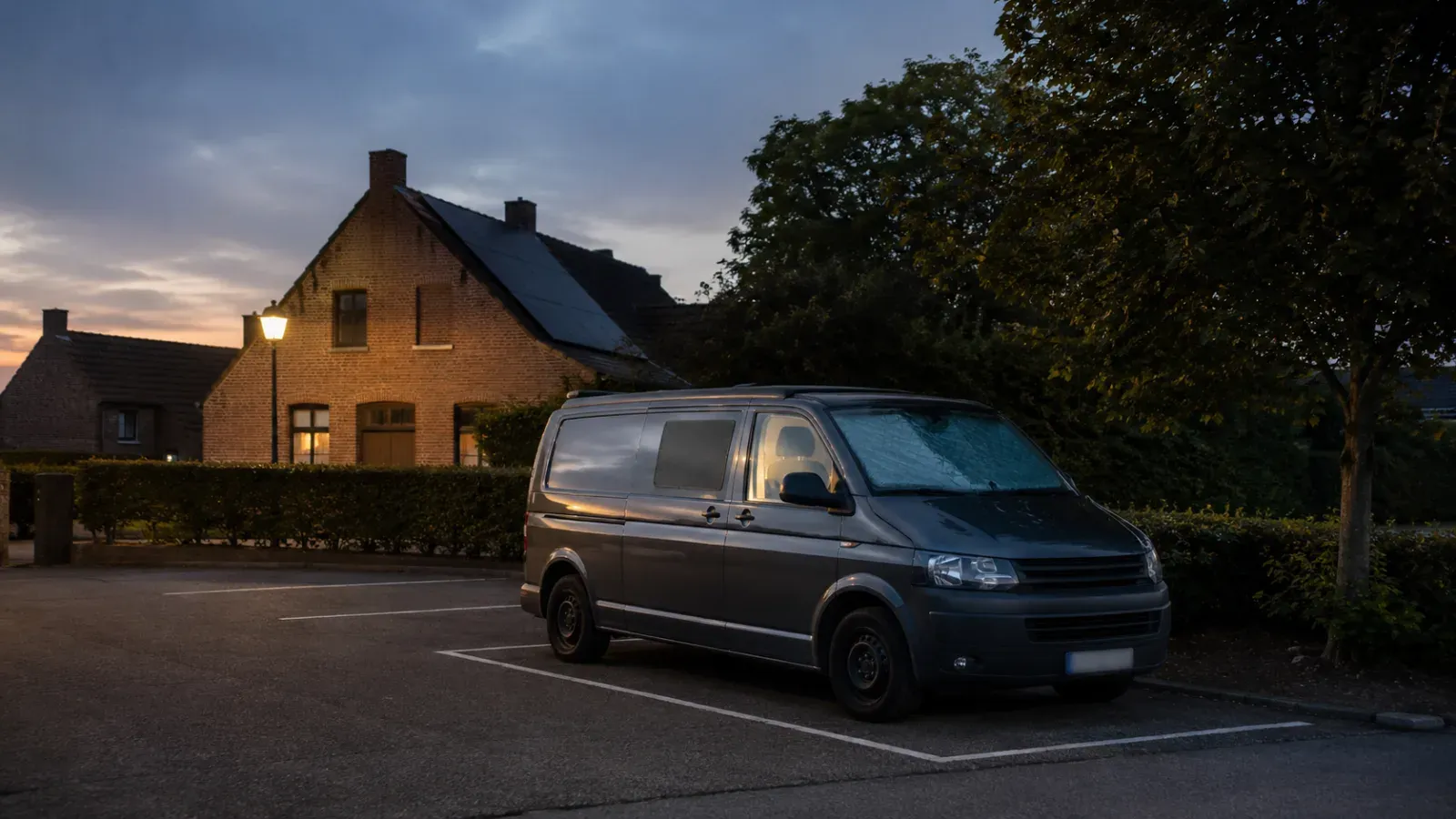 Donkergrijs busje geparkeerd op een parkeerplaats bij een huis in de avondschemering.