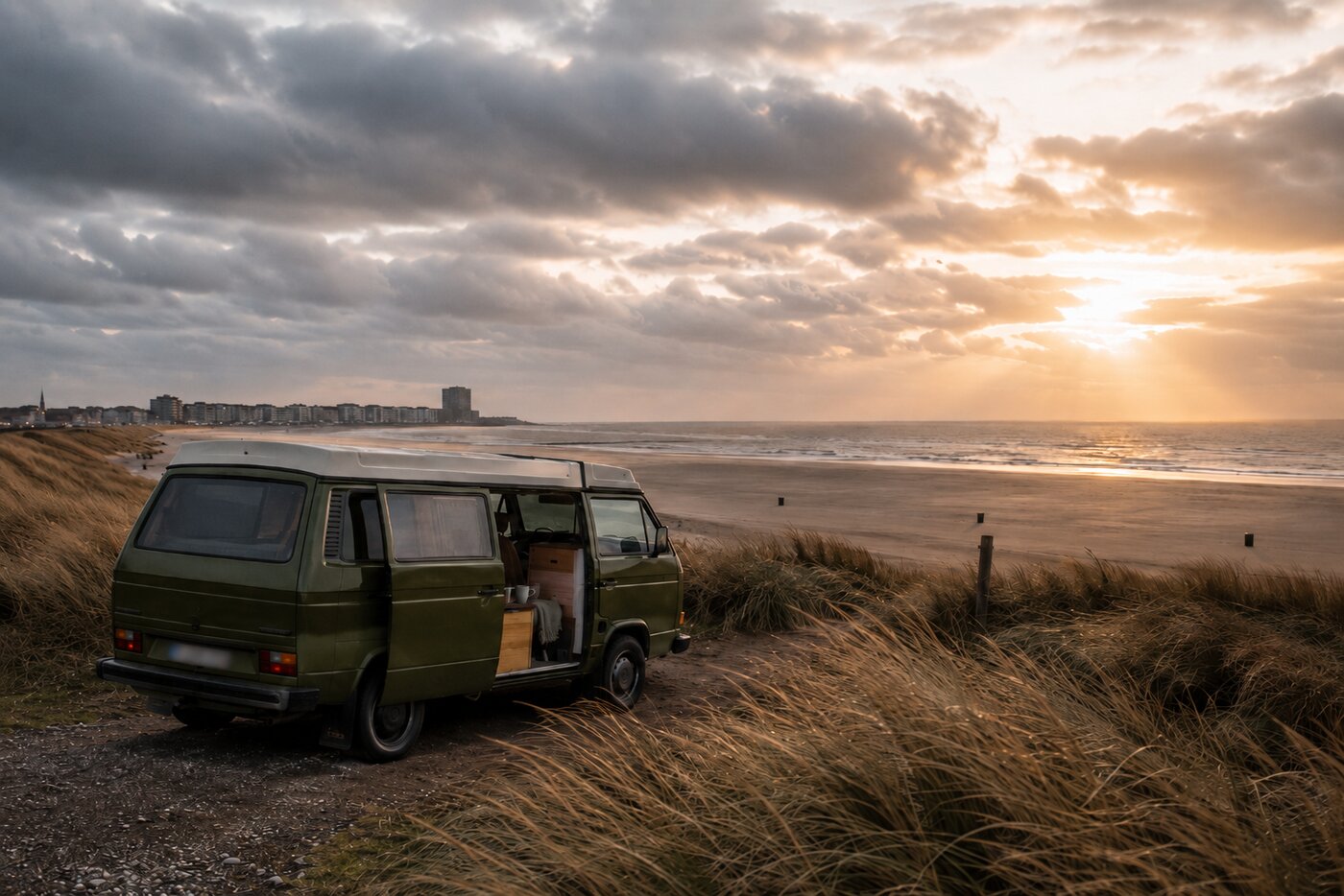 Groene vintage bus met open schuifdeur in de duinen bij zonsondergang aan de Belgische kust