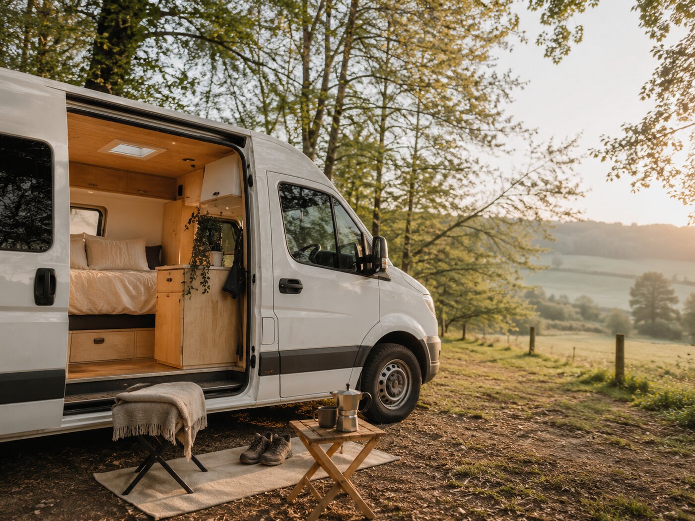 Witte omgebouwde van met open schuifdeur en een houten interieur met bed, geparkeerd aan de bosrand met zicht op glooiende groene heuvels in het gouden avondlicht; buiten staan een houten tafeltje met een moka-pot, wandelschoenen op een mat en een krukje met een deken.