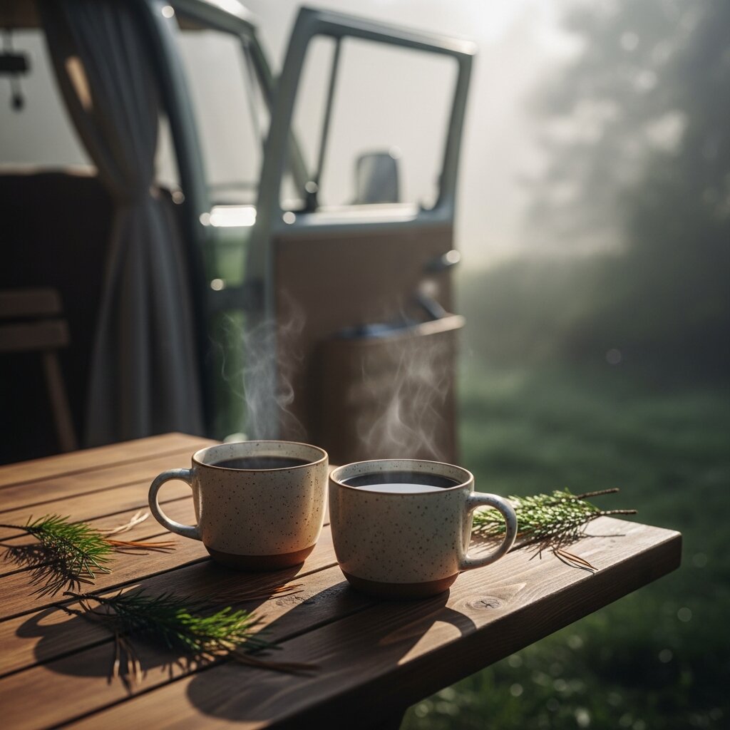 Een tas koffie in de deuropening van de bus, met nevel tussen de bomen aan een Ardense bosrand.