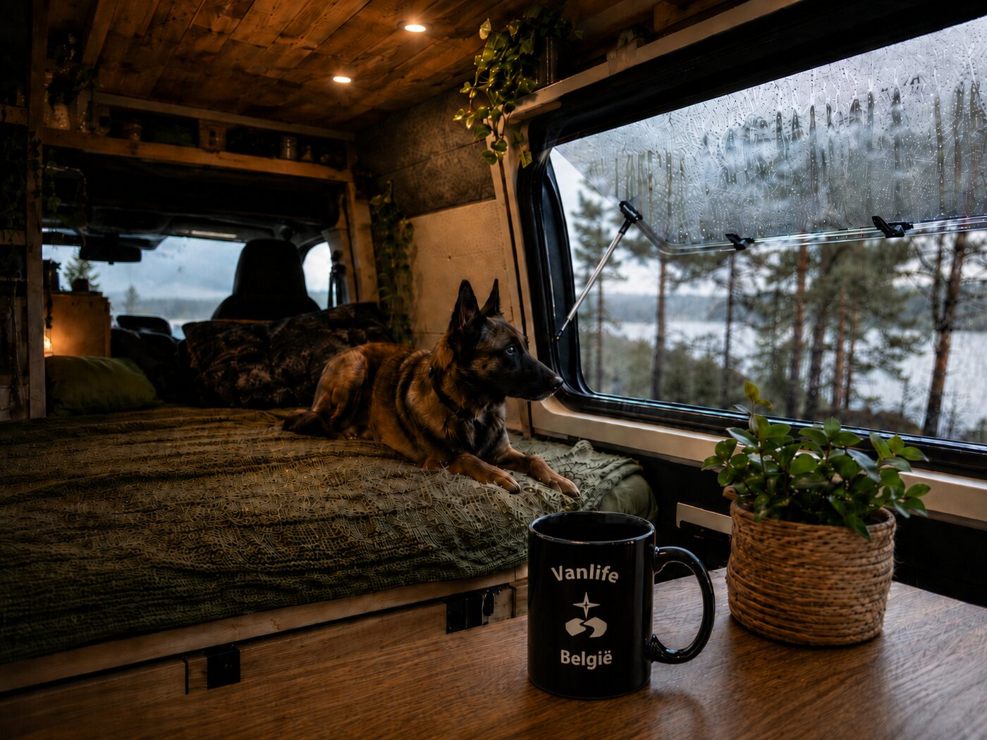Een hond ligt op het bed in een omgebouwde van terwijl de regen langs het aangedampte raam loopt, met zicht op een mistig bos en een Vanlife België-mok op tafel.
