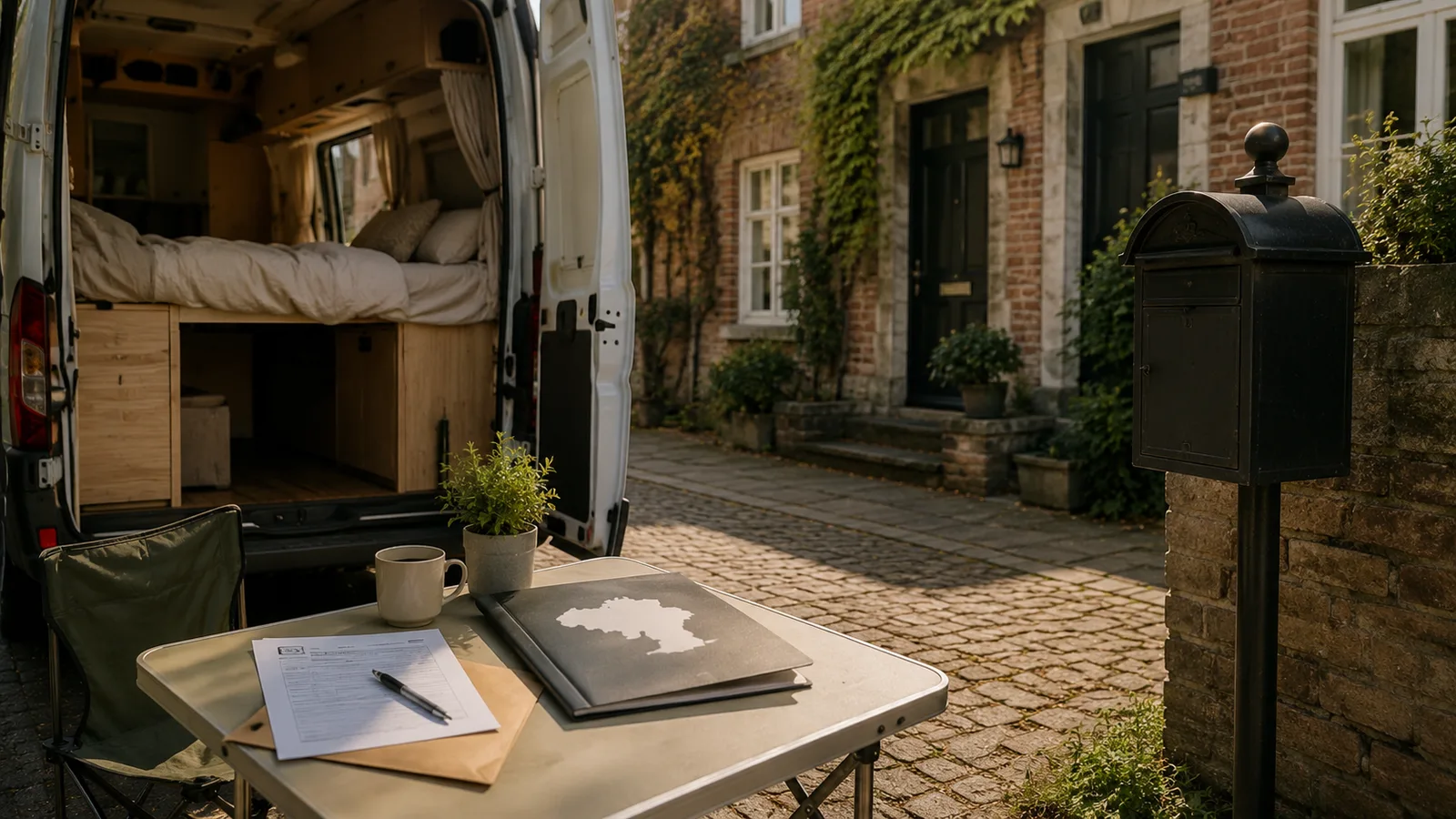 Een open van met daarnaast een klaptafel met papieren en een map, en een brievenbus bij een huis in een Belgisch straatje.